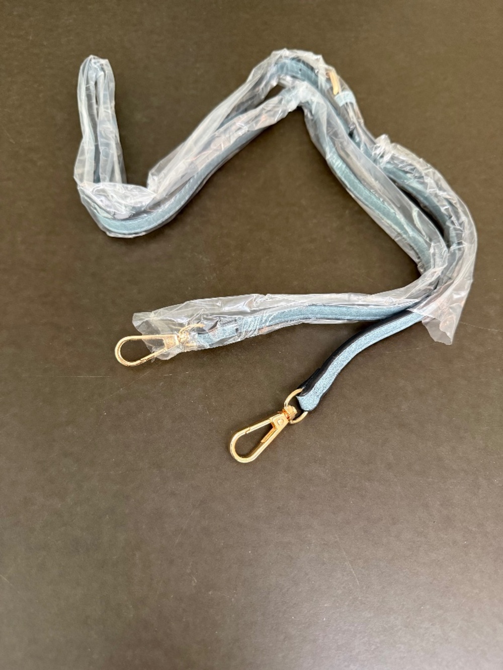 Crossbody strap in baby blue, vegan leather, with cute gold buckle and clips.